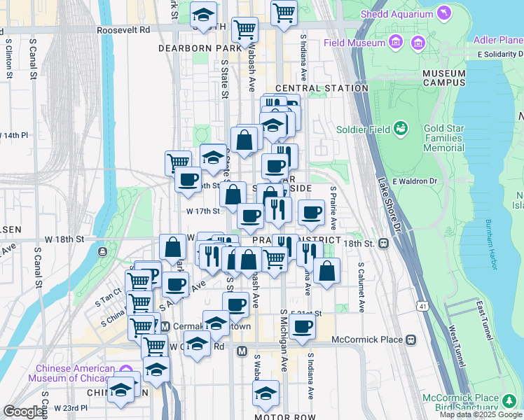 map of restaurants, bars, coffee shops, grocery stores, and more near 1639 South Wabash Avenue in Chicago