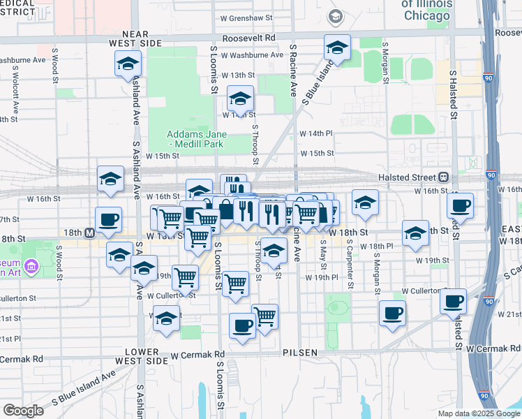 map of restaurants, bars, coffee shops, grocery stores, and more near 1621 South Throop Street in Chicago