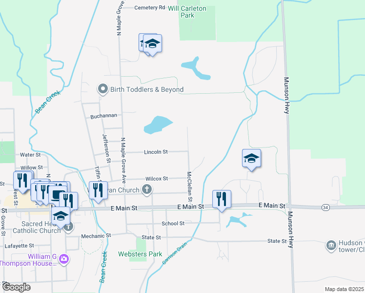 map of restaurants, bars, coffee shops, grocery stores, and more near 190 Lincoln St in Hudson