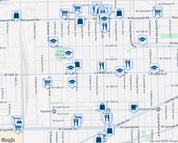 map of restaurants, bars, coffee shops, grocery stores, and more near 4100 West 16th Street in Chicago