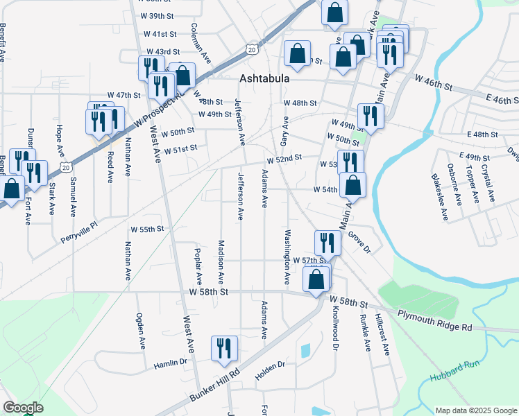 map of restaurants, bars, coffee shops, grocery stores, and more near 5435 Adams Avenue in Ashtabula