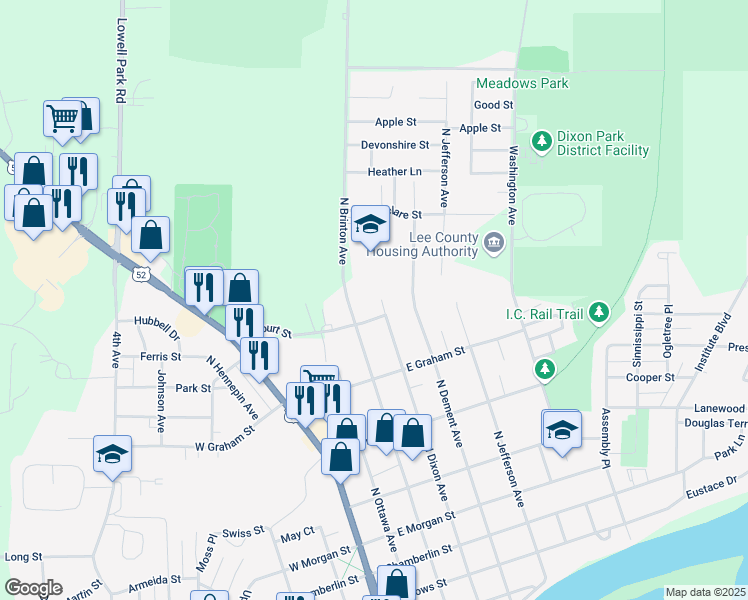 map of restaurants, bars, coffee shops, grocery stores, and more near 1009 North Dixon Avenue in Dixon