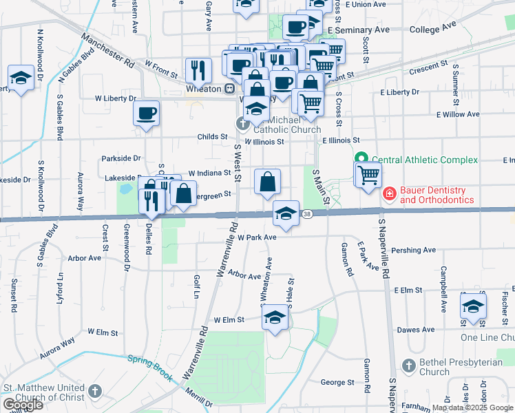 map of restaurants, bars, coffee shops, grocery stores, and more near 301 West Roosevelt Road in Wheaton