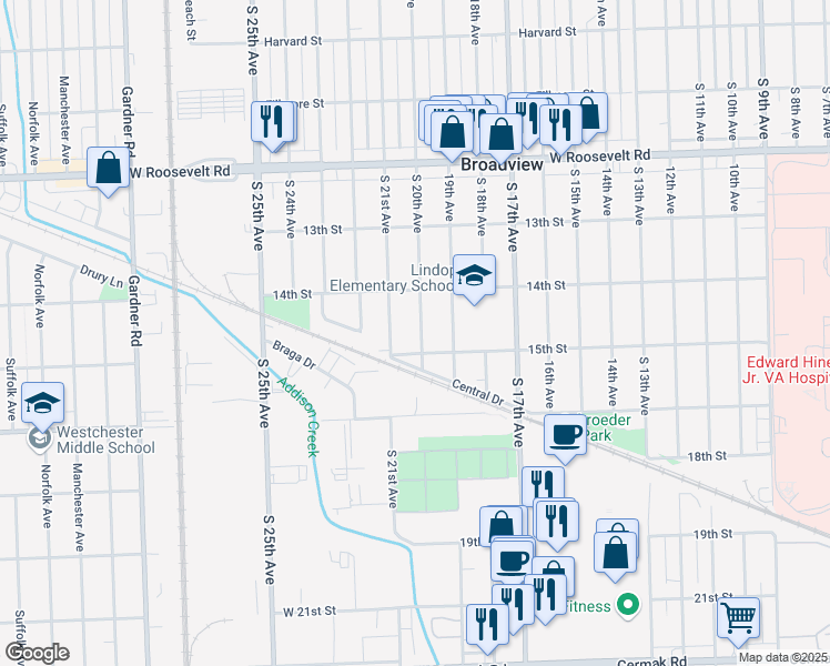 map of restaurants, bars, coffee shops, grocery stores, and more near 2432 20th Avenue in Broadview