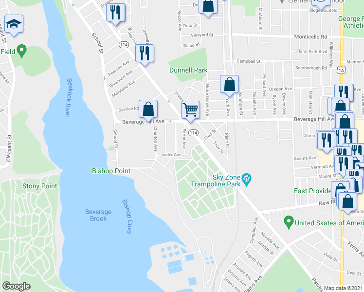 map of restaurants, bars, coffee shops, grocery stores, and more near 85 Fortin Ave in Pawtucket