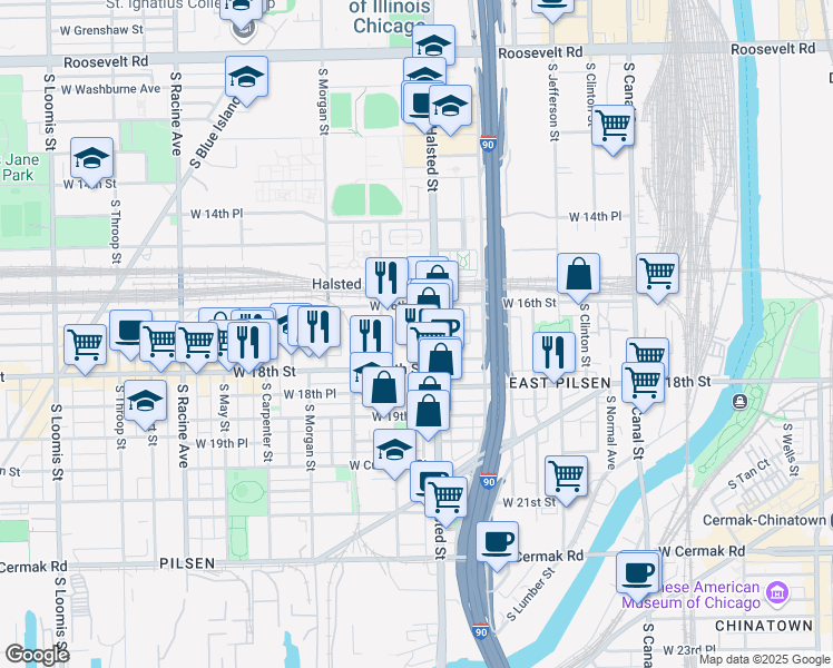 map of restaurants, bars, coffee shops, grocery stores, and more near 1627 South Newberry Avenue in Chicago
