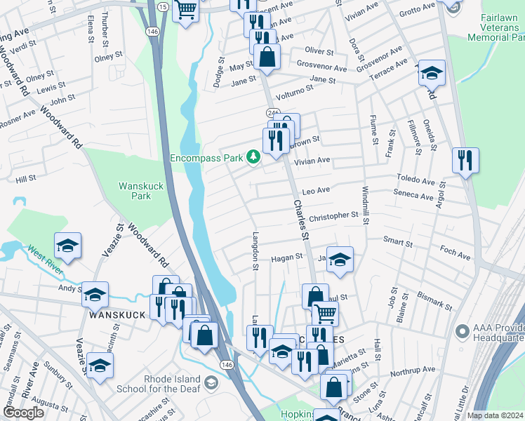 map of restaurants, bars, coffee shops, grocery stores, and more near 20 Raphael Avenue in Providence