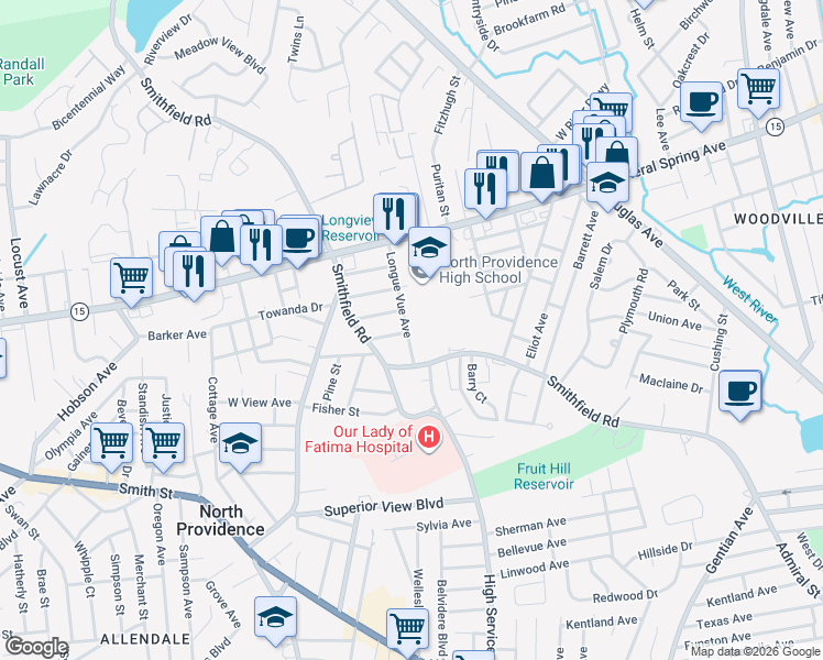 map of restaurants, bars, coffee shops, grocery stores, and more near 17 Longue Vue Avenue in North Providence