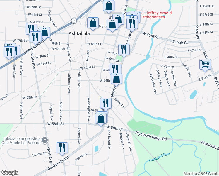 map of restaurants, bars, coffee shops, grocery stores, and more near 218 Burroughs Place in Ashtabula