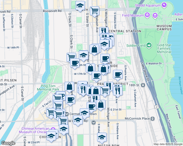 map of restaurants, bars, coffee shops, grocery stores, and more near 1701 South State Street in Chicago