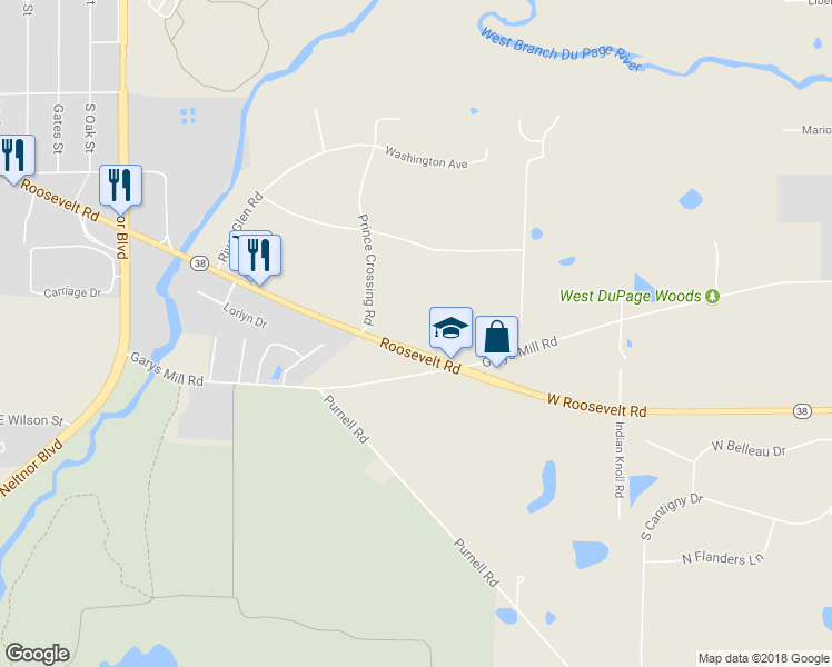 map of restaurants, bars, coffee shops, grocery stores, and more near 28 Roosevelt Road in Winfield