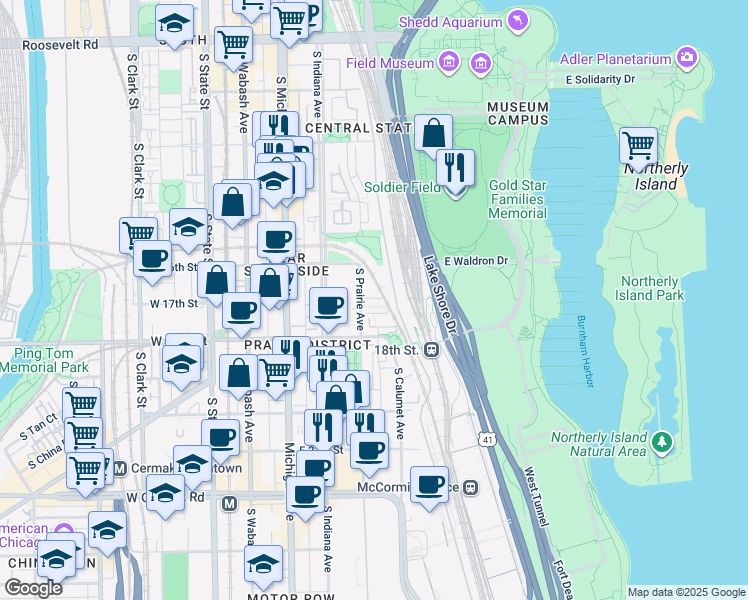 map of restaurants, bars, coffee shops, grocery stores, and more near 331 East 17th Street in Chicago