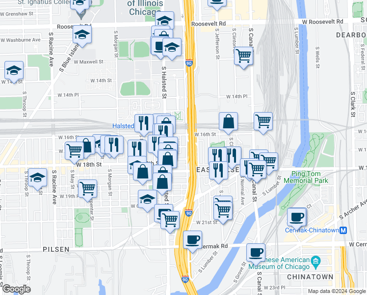 map of restaurants, bars, coffee shops, grocery stores, and more near 1702 South Union Avenue in Chicago