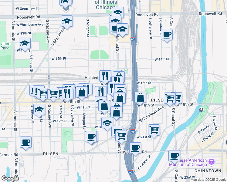 map of restaurants, bars, coffee shops, grocery stores, and more near 1700 South Newberry Avenue in Chicago