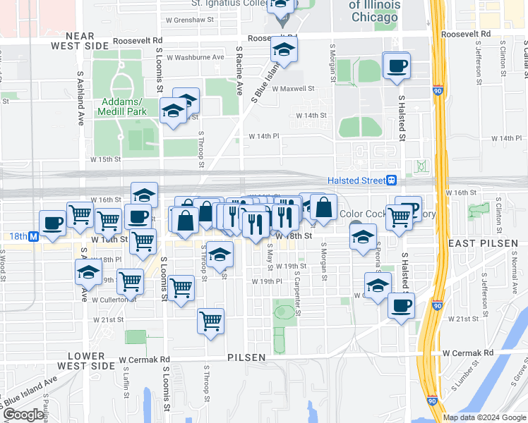 map of restaurants, bars, coffee shops, grocery stores, and more near 1154 West 17th Street in Chicago