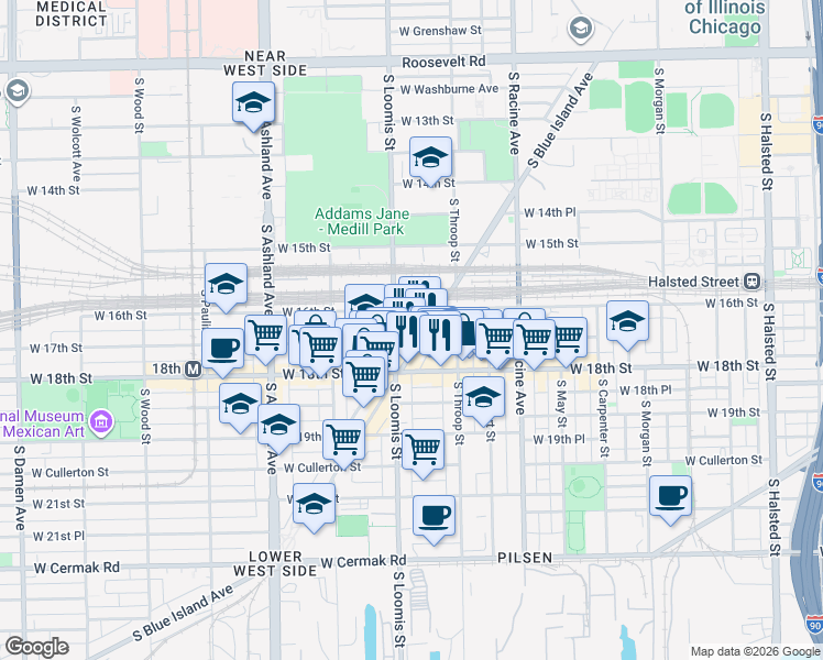 map of restaurants, bars, coffee shops, grocery stores, and more near 1625 South Blue Island Avenue in Chicago