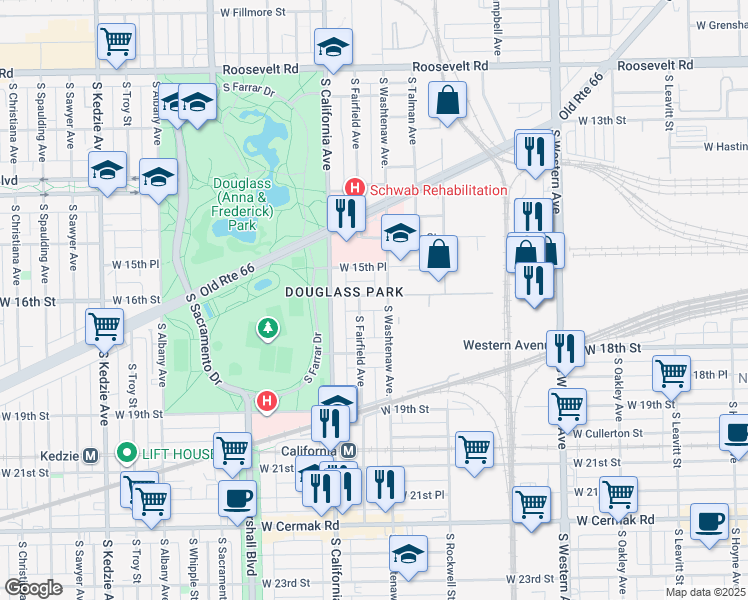 map of restaurants, bars, coffee shops, grocery stores, and more near 2735 West 16th Street in Chicago