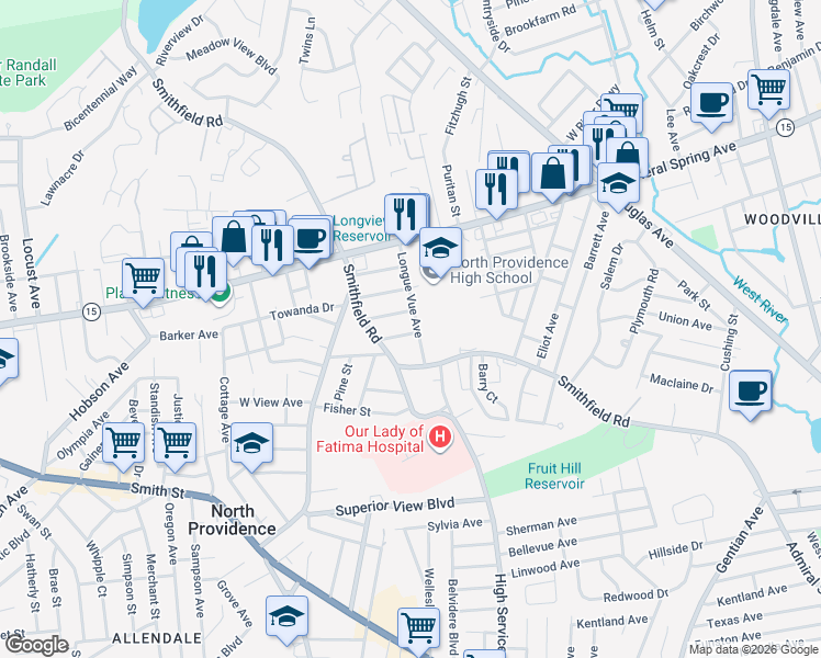 map of restaurants, bars, coffee shops, grocery stores, and more near 17 Longue Vue Avenue in North Providence