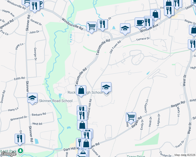 map of restaurants, bars, coffee shops, grocery stores, and more near 37 Old Town Road in Vernon