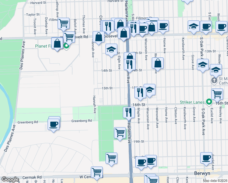 map of restaurants, bars, coffee shops, grocery stores, and more near 1511 Elgin Avenue in Forest Park