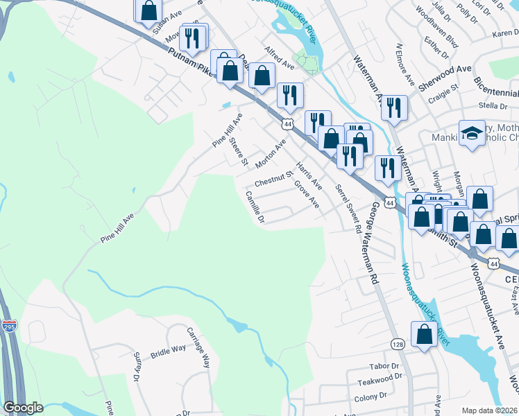 map of restaurants, bars, coffee shops, grocery stores, and more near 10 Camille Drive in Johnston