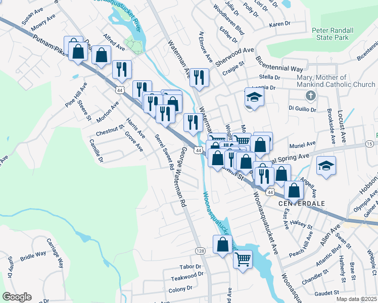 map of restaurants, bars, coffee shops, grocery stores, and more near 10 Putnam Pike in Johnston
