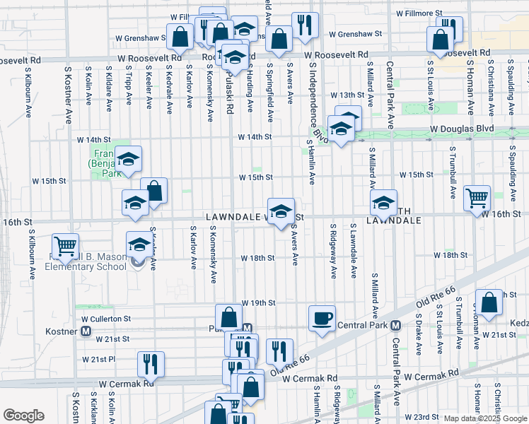 map of restaurants, bars, coffee shops, grocery stores, and more near 3910 West 16th Street in Chicago
