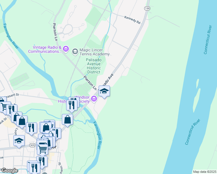 map of restaurants, bars, coffee shops, grocery stores, and more near 160 Palisado Avenue in Windsor