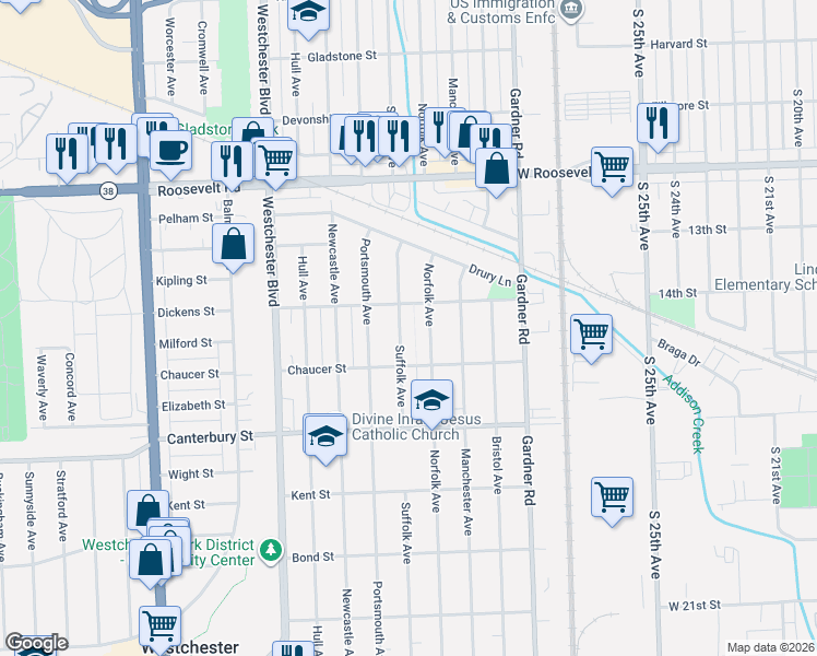 map of restaurants, bars, coffee shops, grocery stores, and more near 1430 Norfolk Avenue in Westchester