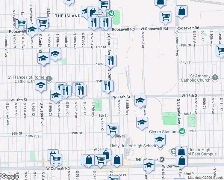 map of restaurants, bars, coffee shops, grocery stores, and more near 1527 South Central Avenue in Cicero