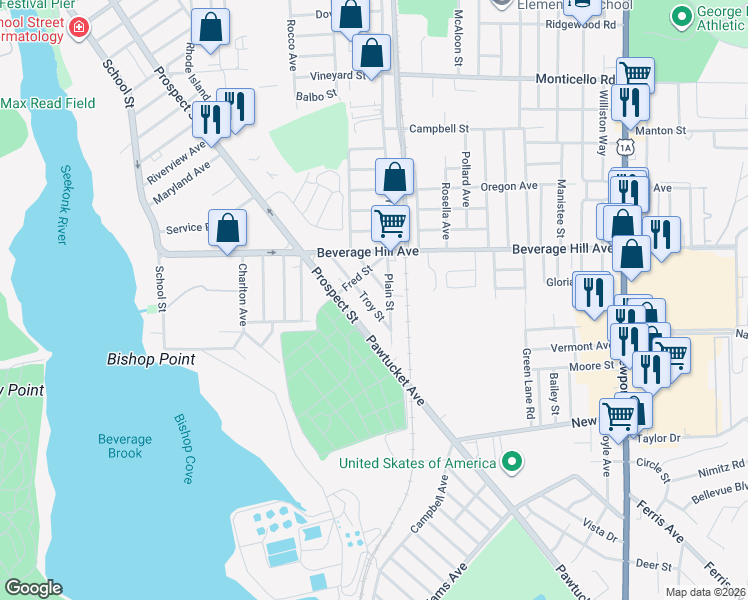 map of restaurants, bars, coffee shops, grocery stores, and more near 99 Dodge Street in Pawtucket