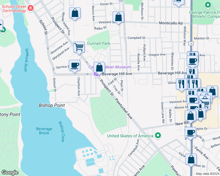 map of restaurants, bars, coffee shops, grocery stores, and more near 665 Prospect Street in Pawtucket