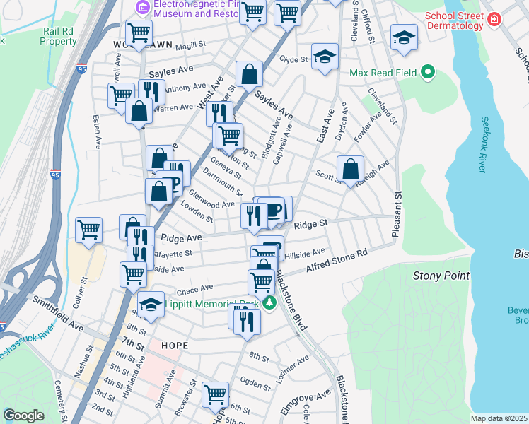 map of restaurants, bars, coffee shops, grocery stores, and more near 151 Lowden Street in Pawtucket