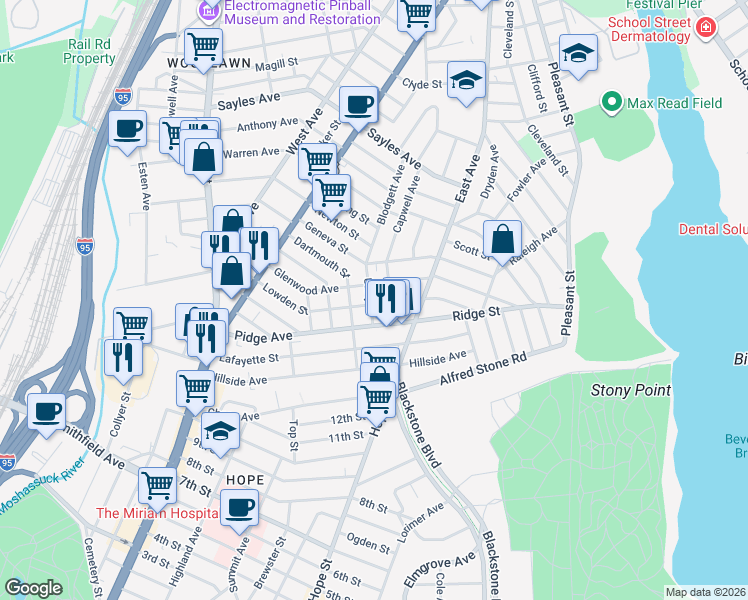 map of restaurants, bars, coffee shops, grocery stores, and more near 151 Lowden Street in Pawtucket