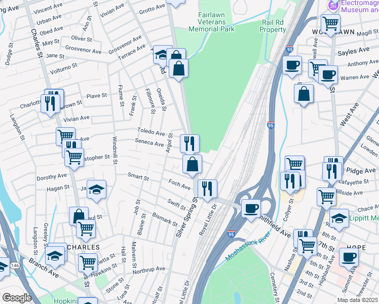 map of restaurants, bars, coffee shops, grocery stores, and more near 31 Edgeworth Avenue in Providence