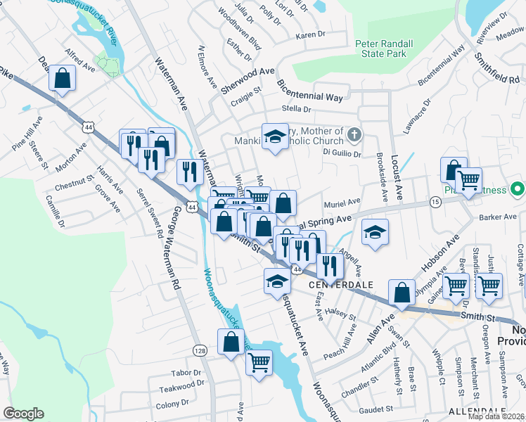 map of restaurants, bars, coffee shops, grocery stores, and more near 2239 Mineral Spring Avenue in North Providence