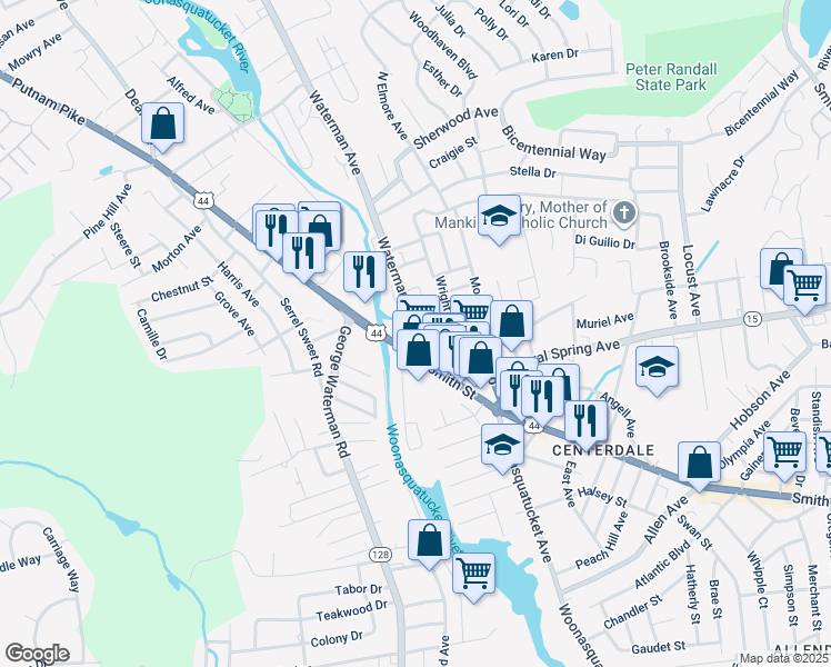 map of restaurants, bars, coffee shops, grocery stores, and more near 21 Waterman Avenue in North Providence