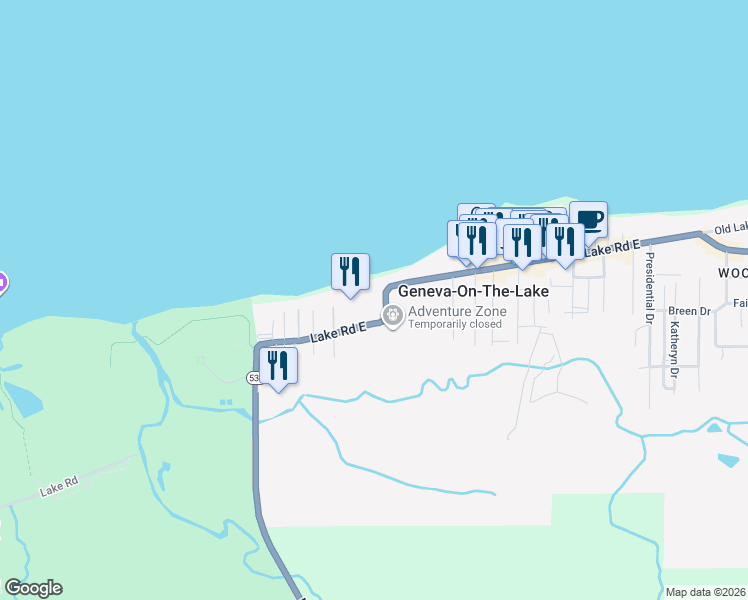 map of restaurants, bars, coffee shops, grocery stores, and more near 5635 Lake Road East in Ashtabula