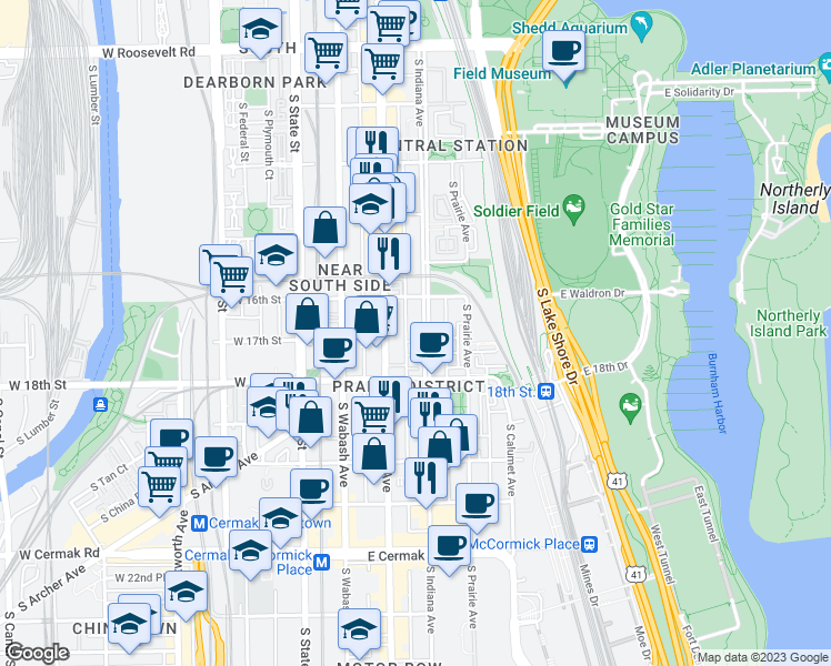 map of restaurants, bars, coffee shops, grocery stores, and more near 1638 South Indiana Avenue in Chicago