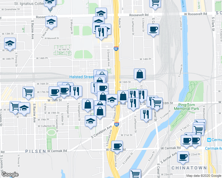 map of restaurants, bars, coffee shops, grocery stores, and more near 1702 South Union Avenue in Chicago