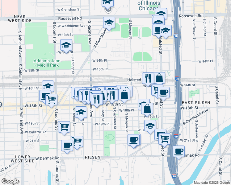 map of restaurants, bars, coffee shops, grocery stores, and more near in Chicago