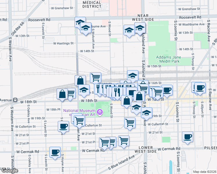 map of restaurants, bars, coffee shops, grocery stores, and more near 1822 West 17th Street in Chicago