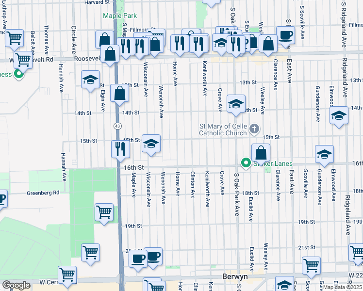 map of restaurants, bars, coffee shops, grocery stores, and more near 1514 Clinton Avenue in Berwyn
