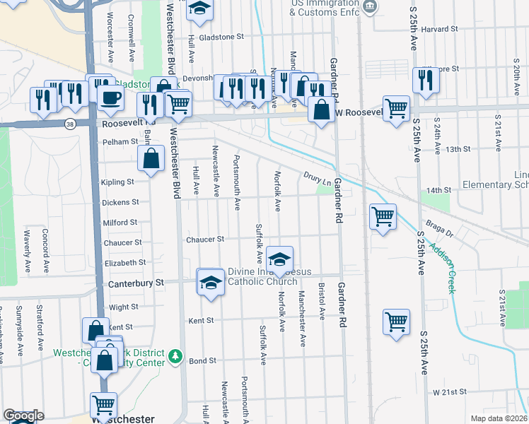 map of restaurants, bars, coffee shops, grocery stores, and more near 1430 Norfolk Avenue in Westchester