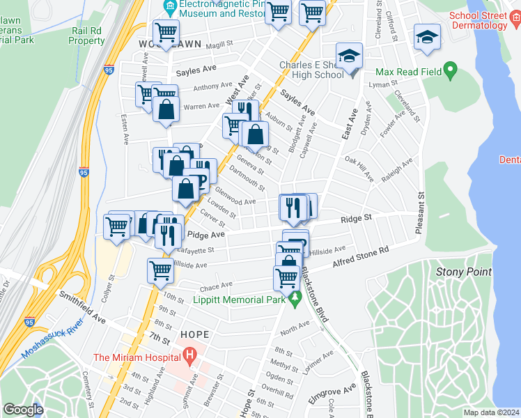 map of restaurants, bars, coffee shops, grocery stores, and more near 191 Lowden Street in Pawtucket