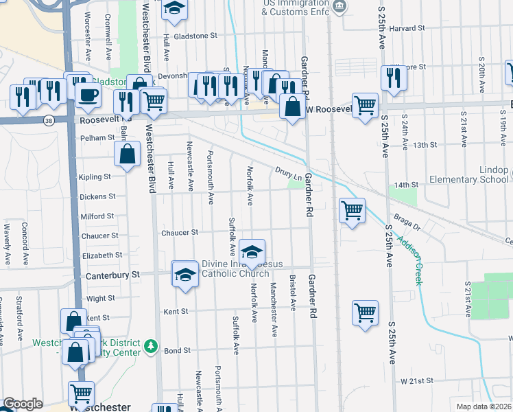 map of restaurants, bars, coffee shops, grocery stores, and more near 1430 Norfolk Avenue in Westchester