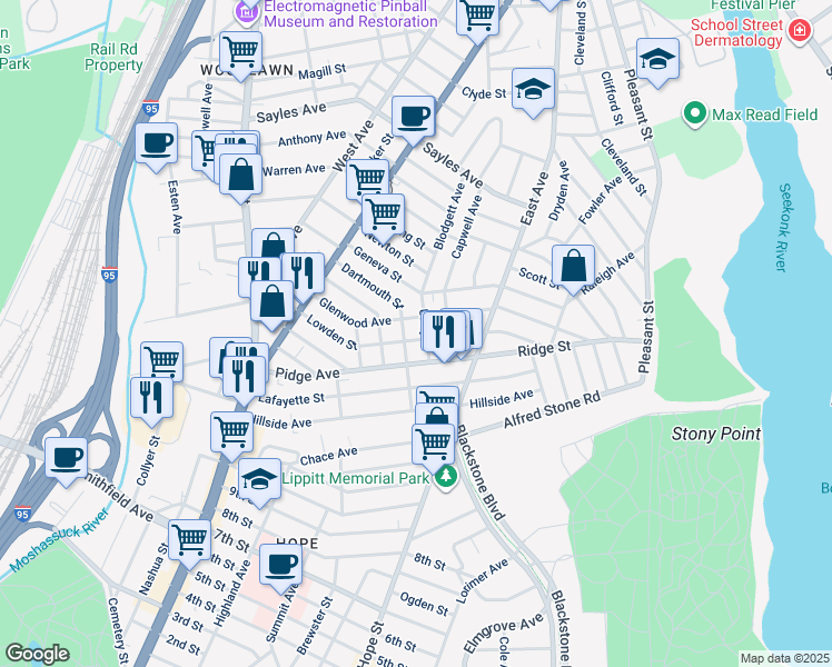 map of restaurants, bars, coffee shops, grocery stores, and more near 157 Lowden Street in Pawtucket