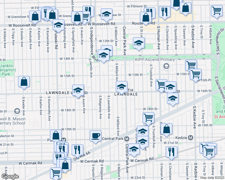 map of restaurants, bars, coffee shops, grocery stores, and more near 3650 West 16th Street in Chicago