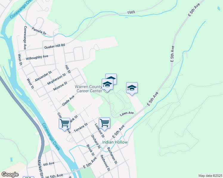 map of restaurants, bars, coffee shops, grocery stores, and more near 345 East 5th Avenue in Warren