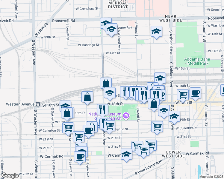 map of restaurants, bars, coffee shops, grocery stores, and more near 1901 South Wolcott Avenue in Chicago